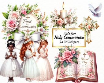 Clipart della prima comunione della ragazza, simboli del sacro cristianesimo PNG, battesimo sublimato rosa cattolico per uso commerciale e download istantaneo
