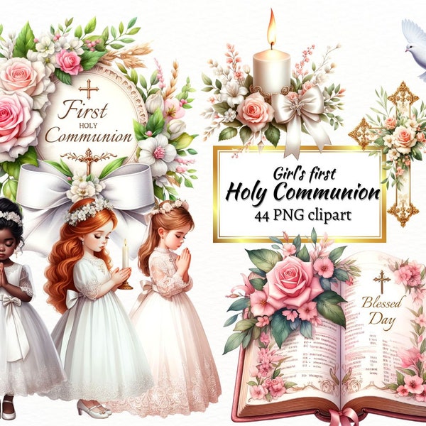 Girl First Holy Communion Clipart, Sacred Christianity symbols PNG, Catholic pink sublimate Baptism for Commercial Use and Instant Download