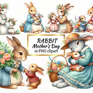 Clipart per la festa della mamma, acquerello mamma e cucciolo coniglio PNG, coniglietto felice per la festa della mamma, cottagecore, sedia a dondolo, decorazione, album, bambini