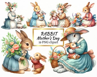 Watercolor Mom and Baby Rabbit Clipart: Mother&#39;s Day PNG (Digital Download)