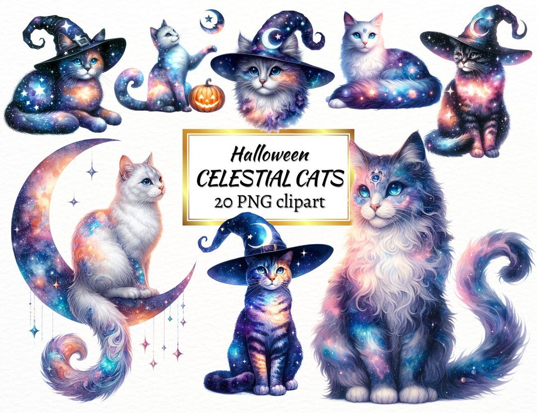 Watercolor Halloween Cat Clipart Bundle, Cute Witch Kitty PNG (digital ...