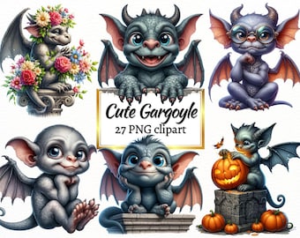 Cute Gargoyle Clipart Bundle, Watercolor Baby Gargoyle Stone Statue PNG, Digital Crafting, Sublimate, Scrapbooking, Journal, Commercial Use