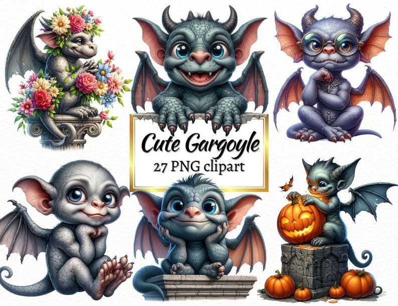 Watercolor Baby Gargoyle Clipart Bundle, Stone Statue PNG (digital ...