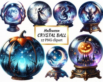 Watercolor Halloween Crystal Ball Clipart: Gargoyle, Fairy, Dragon (Digital Download)