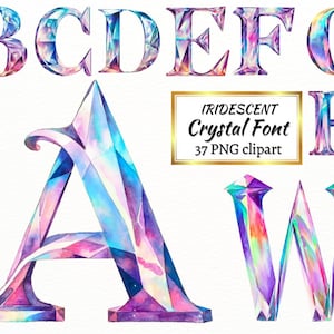 Kristall Aquarell Alphabet PNG, 37 irisierende Schrift Clipart, Meilenstein Markierung, Buchstaben und Zahlen Bundle Set, kommerzielle Nutzung