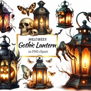 Aquarell Halloween Laterne, Gothic Lampe, Raben Png, Printable Samhain Clipart, Dark Cottagecore, Kerzenhalter, Digital Crafting
