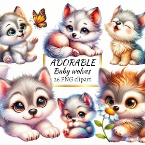 Acuarela bosque lindo bebé lobo clipart, lobos blancos PNG paquete, criaturas del bosque de vivero para uso comercial