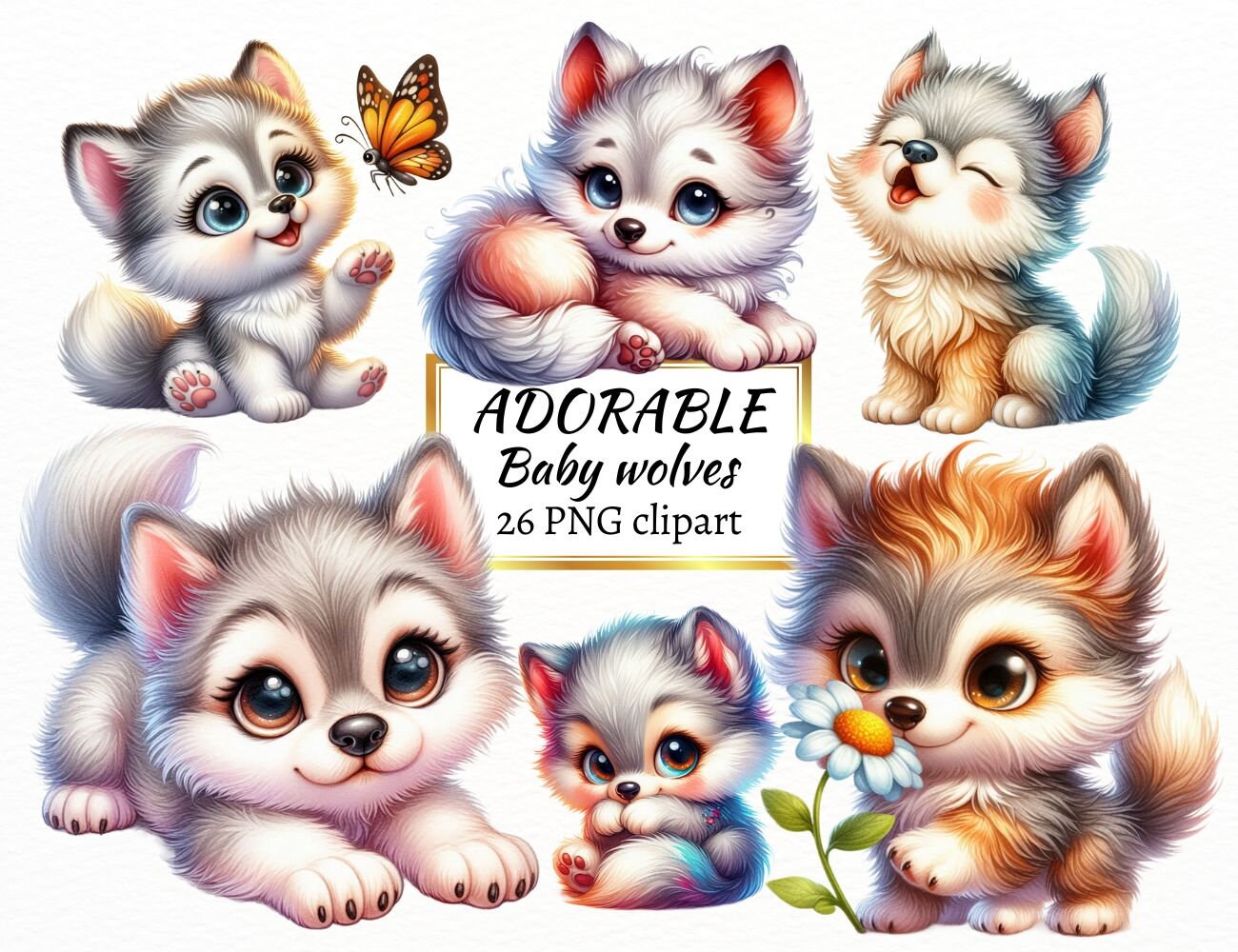 Watercolor Woodland Cute Baby Wolf Clipart, White Wolves PNG Bundle, Nursery Forest Creatures for Commercial Use