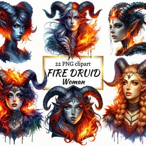 Mujer druida de fuego PNG, clipart de hechicera, Samhain, símbolos paganos, Lilith, criatura mítica mística, sacerdotisa, acuarela, estilo cottagecore oscuro