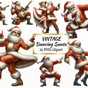 Retro Santa Claus Clipart Bundle, Vintage Papa Noel PNG Design, Cool Disco and Rock and Roll Dancing, Musical Digital Graphic, Download