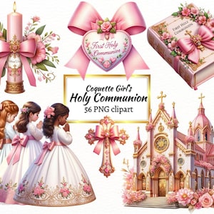 Coquette Girl First Holy Communion Clipart, Sacred Christianity symbols PNG, Catholic pink Religious, bible, sublimate for Commercial Use