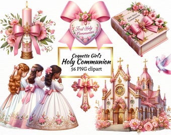 Coquette Girl First Holy Communion Clipart: Pink Religious PNG (Commercial Use)