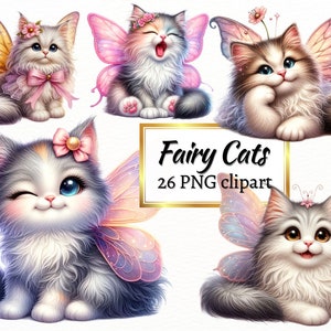 Bundle de cliparts chat fée aquarelle, fées fantastiques mignon Kitty PNG, création numérique, sublime, utilisation commerciale gratuite et téléchargement immédiat