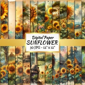 Páginas digitales de diario de girasoles, material efímero de verano, álbum de recortes imprimible, papel imprimible, collage digital, páginas de otoño, uso comercial gratuito