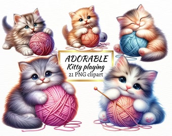 Kitten Clipart Bundle: Watercolor Cats Playing with Yarn (PNG)