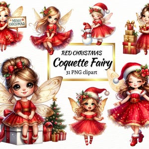 Red Christmas Fairy Clipart: Watercolor Pixie PNG Bundle (Digital Download)
