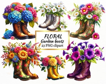 Floral Garden Boots Clipart: Spring Flowers PNG Bundle (Commercial Use)