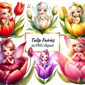 Imágenes prediseñadas de hadas de tulipán, hadas florales de primavera en acuarela PNG, flores de jardín de fantasía, diseño colorido lindo de Pascua, comercial, descarga instantánea