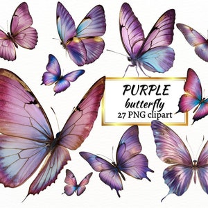 Aquarell Schmetterling Clipart Bundle, Fantasy Lila Schmetterlinge PNG, Scrapbooking, Aufkleber, kostenlose kommerzielle Nutzung und Sofort-Download