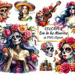 La Catrina Clipart, Sugar Skull Bundle PNG, Día de los Muertos, Manualidades digitales, Sublimación, Uso comercial gratuito y descarga instantánea