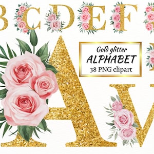 Alphabet floral aquarelle Clipart, 38 PNG polices rose et or pailleté Clipart, repère bébé, lot de fleurs roses, usage Commercial