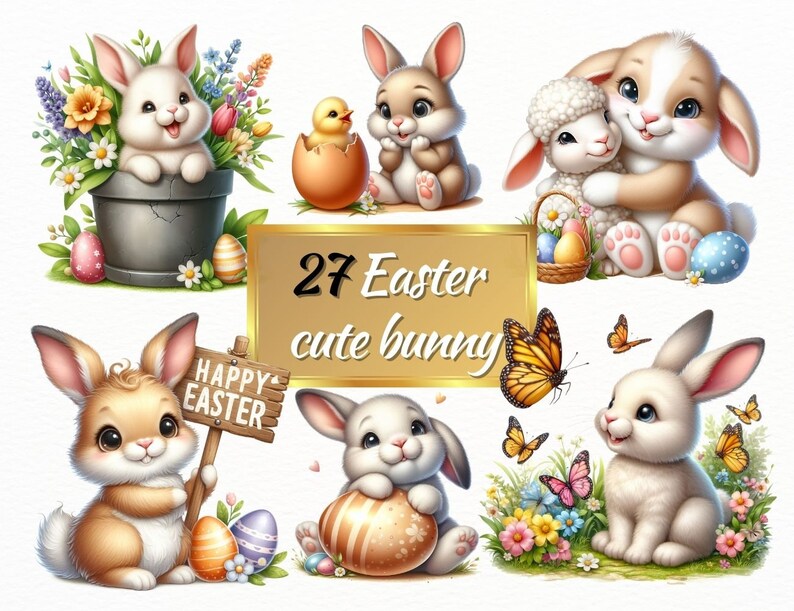 Watercolor Easter Bunny Clipart: 27 PNG Easter Cuties (digital Download ...