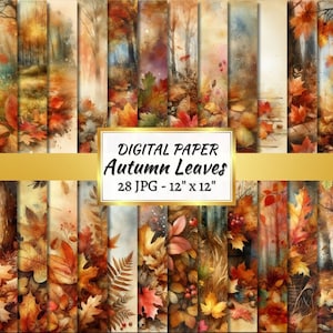 Paesaggio autunnale della foresta / Carta digitale con fogliame stampabile / Uso commerciale / Sfondi di boschi autunnali con acquerelli per album di ritagli / Pagine di diario