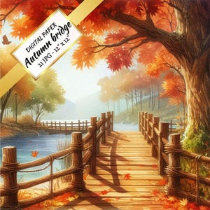 Paesaggio autunnale del ponte / Carta digitale stampabile / Uso commerciale / Sfondi foresta autunnale con acquerelli per album di ritagli / Pagine di diario spazzatura