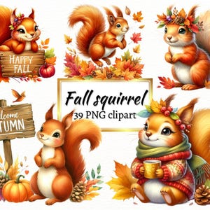 Paquete de imágenes prediseñadas de ardilla de otoño en acuarela, linda ardilla de otoño PNG, elaboración digital, sublimación, uso comercial gratuito y descarga instantánea