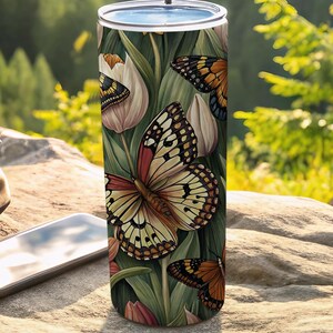 Butterfly Tulip Tumbler, Floral Tumbler, Butterfly Lover Gift, Nature Tumbler, Colorful Tumbler, Spring Tumbler, Aesthetic Tumbler