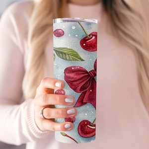 Cherry Tumbler, Watercolor Cherry Bow Tumbler, Fruit Pattern Tumbler, Cute Cherry Tumbler, Gift for Her, Summer Tumbler, Cherry Lover Gift