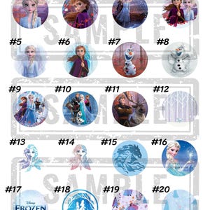 May include: A collection of twenty circular Frozen-themed images. The images feature characters like Elsa, Anna, Olaf, and Kristoff. The images are in various colors, including blue, purple, and white. The Disney Frozen logo is also present.