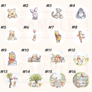 May include: A collection of sixteen circular stickers featuring illustrations of Winnie the Pooh and friends. The images include Pooh Bear, Piglet, Tigger, Eeyore, and other characters in various poses and scenes. The stickers are on a light beige background.
