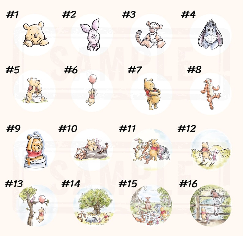 May include: A collection of sixteen circular stickers featuring illustrations of Winnie the Pooh and friends. The images include Pooh Bear, Piglet, Tigger, Eeyore, and other characters in various poses and scenes. The stickers are on a light beige background.