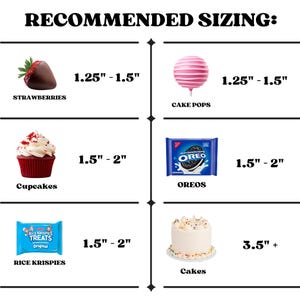 May include: An image with the text "RECOMMENDED SIZING:" displays various treats. These include chocolate-covered strawberries, cake pops, cupcakes, Oreos, Rice Krispies Treats, and a cake. Each item has a size range in inches.