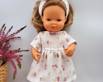 Muslin floral doll dress and headband set, Doll outfit, Minikane doll clothes, Miniland doll dress, 15 inch doll clothes, Puppenkleidung