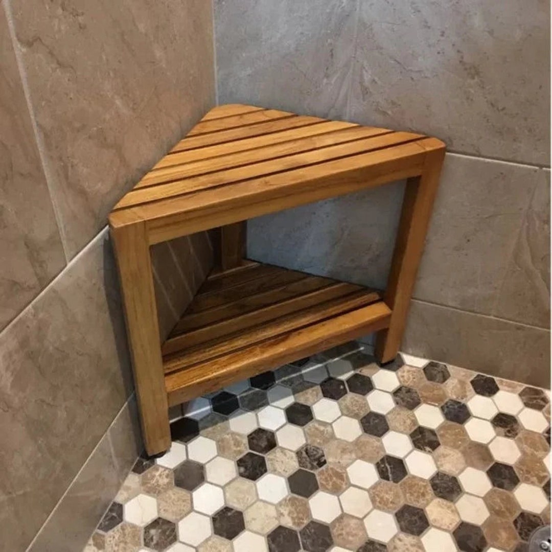 Solid Teak Indoor Corner Shower Stool Wood Shower Seat Etsy