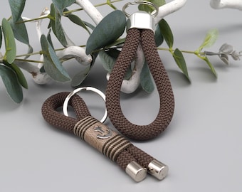 Keyring made of sailing rope (10 mm) brown as a loop with large end cap or two-tone rigged with stainless steel anchor