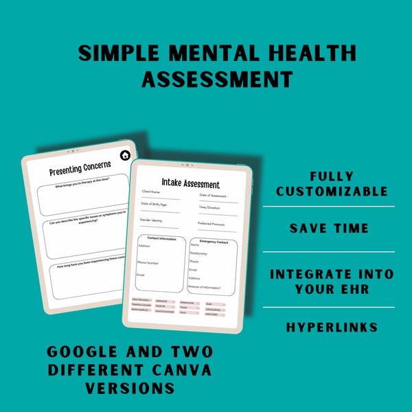 mental health intake assessment form with google and canva versions hyperlinked and simple for therapists social work workers psychiatrist