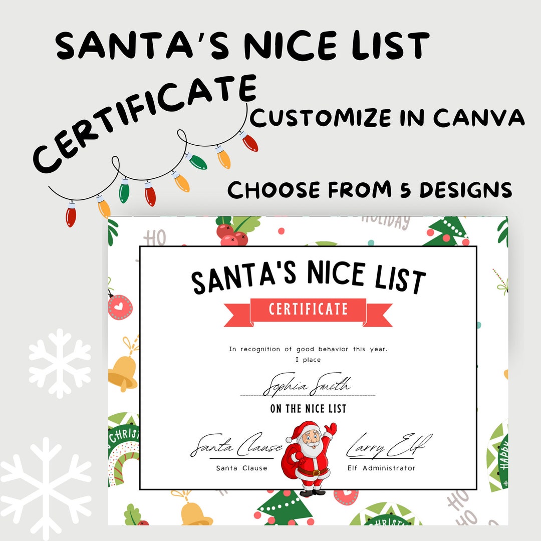 Santas Nice List Certificate Digital Download Editable Canva Etsy