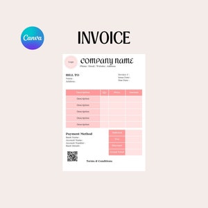 Può includere: Un modello di fattura rosa e bianco con il titolo "INVOICE" e il testo "COMPANY NAME" in alto. Il modello include sezioni per le informazioni di fatturazione, una tabella per i costi dettagliati e una sezione di metodo di pagamento.