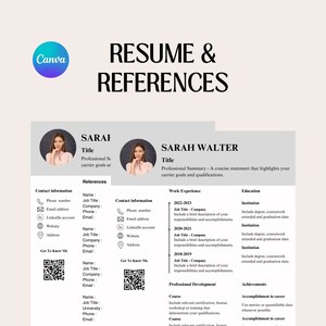 Op de afbeelding: Een cv-sjabloon met een grijze achtergrond en een foto van een vrouw in de linkerbovenhoek. De tekst "RESUME & REFERENCES" staat in vetgedrukte zwarte letters bovenaan de pagina. Het sjabloon bevat secties voor contactgegevens, referenties, werkervaring, opleiding, professionele ontwikkeling en prestaties.