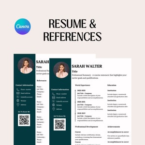 Op de afbeelding: Een teal en witte cv-sjabloon met een professionele kopfoto, contactgegevens, werkervaring, opleiding, professionele ontwikkeling en secties met prestaties. De tekst "RESUME & REFERENCES" staat bovenaan de pagina.