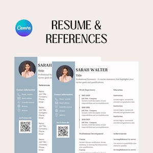 Puede incluir: Una plantilla de currículum con un fondo azul y una foto de una mujer. La plantilla incluye secciones para información de contacto, referencias, experiencia laboral, educación, desarrollo profesional y logros. El texto de la plantilla está en blanco y negro.