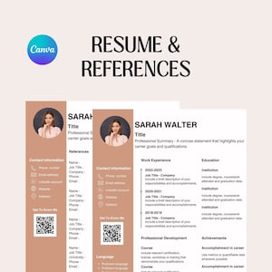 Puede incluir: Una plantilla de currículum con un fondo marrón y una foto de una mujer. La plantilla incluye secciones para información de contacto, referencias, experiencia laboral, educación, desarrollo profesional y logros. El texto de la plantilla incluye las palabras "Sarah Walter" y "Resumen profesional".