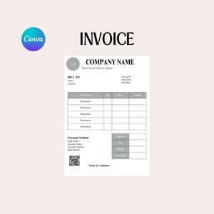 Può includere: Un modello di fattura grigio e bianco con il titolo "INVOICE" e il testo "COMPANY NAME". Il modello include sezioni per le informazioni di fatturazione, una tabella per i costi dettagliati e una sezione per i dettagli di pagamento.