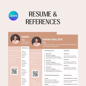 May include: A resume template with a peach background and a photo of a woman. The template includes sections for contact information, references, work experience, education, professional development, and achievements. The text "RESUME & REFERENCES" is at the top of the page.