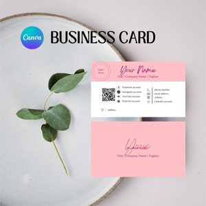 QR コード、ロゴ/写真、ソーシャル アイコン、編集可能な名刺、印刷可能なプロフェッショナル カードを備えたモダンなデジタル名刺 Canva テンプレート