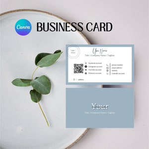 QR コード、ロゴ/写真、ソーシャル アイコン、編集可能な名刺、印刷可能なプロフェッショナル カードを備えたエレガントなデジタル名刺 Canva テンプレート