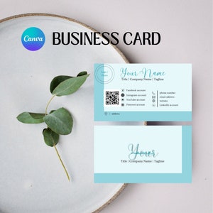 QR コード、ロゴ/写真、ソーシャル アイコン、編集可能な名刺、印刷可能なプロフェッショナル カードを備えたエレガントなデジタル名刺 Canva テンプレート